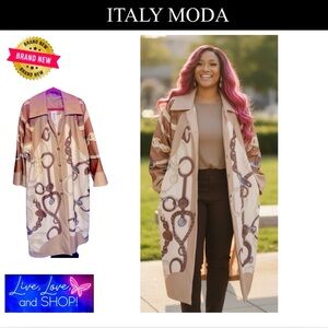 ITALY MODA: Brown, Beige, & Cream Oversized Coat w/Chain Links Design, NWT